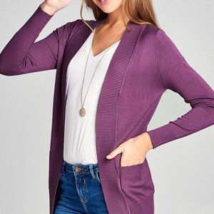 Long Sleeve Rib Open Sweater Cardigan W/pockets